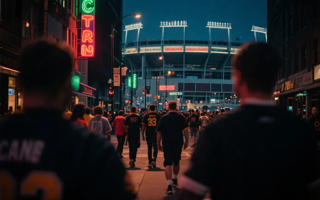 球迷在傍晚城市街头与霓虹灯下行走，准备前往比赛现场的氛围感画面