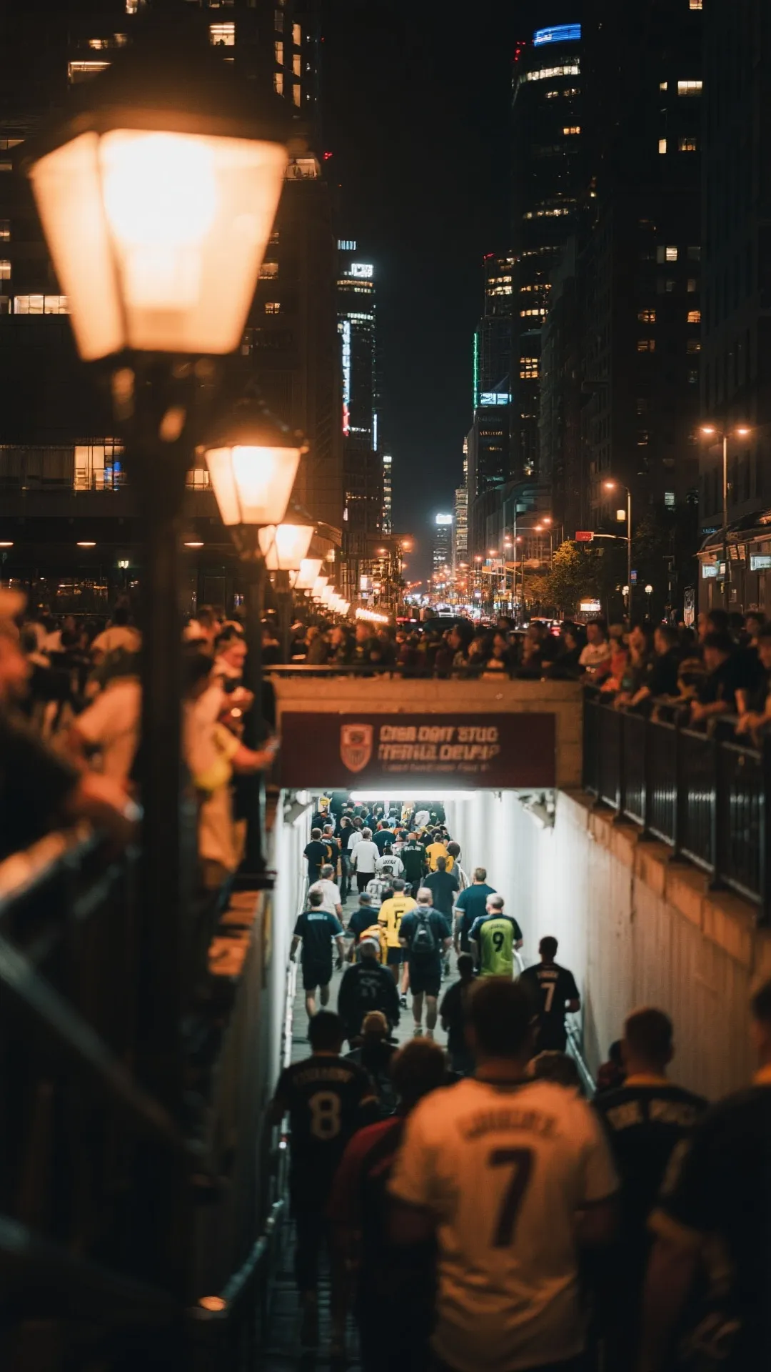 比赛结束后球迷离场与城市夜景的竖屏镜头，温暖灯光，纪录片质感