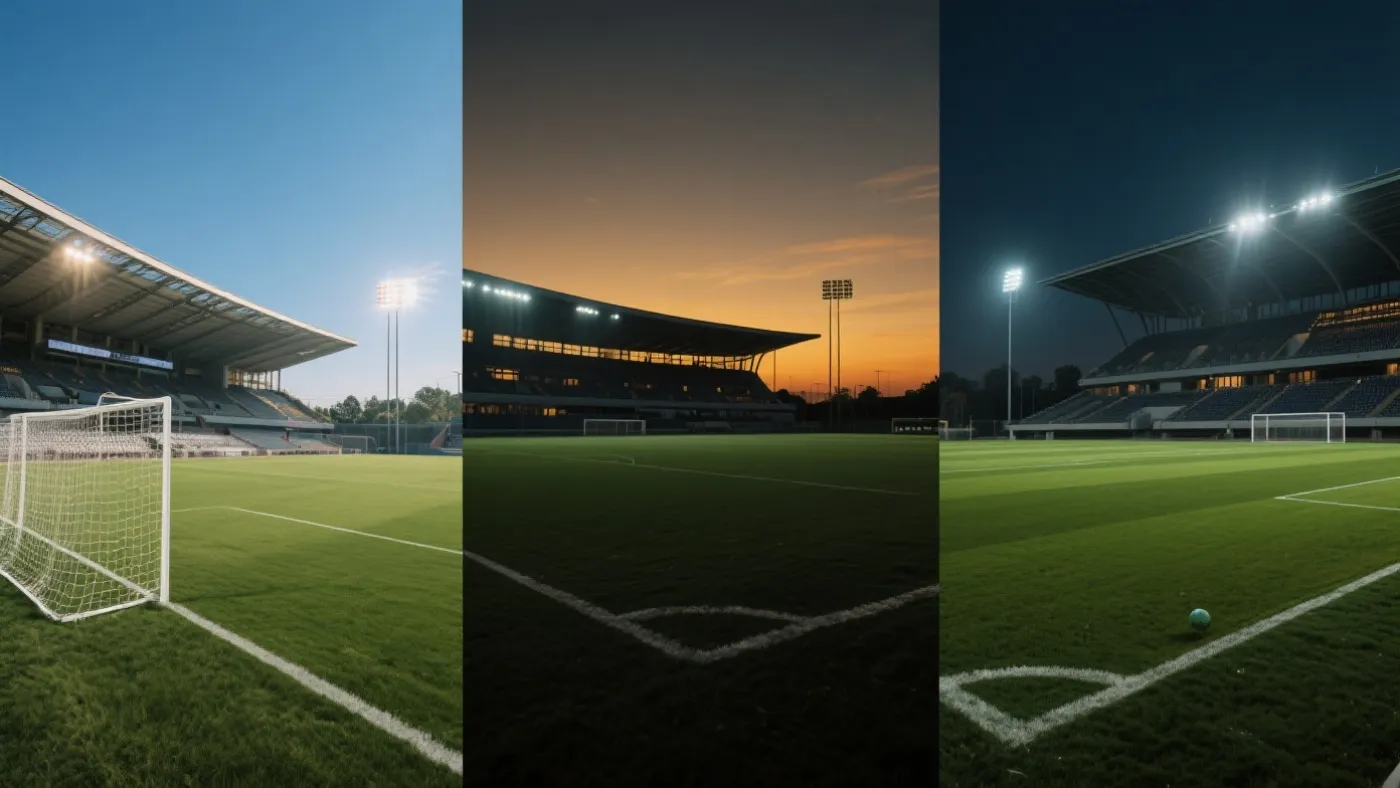 同一足球场在午后、黄昏与夜间的光线与观赛氛围对比